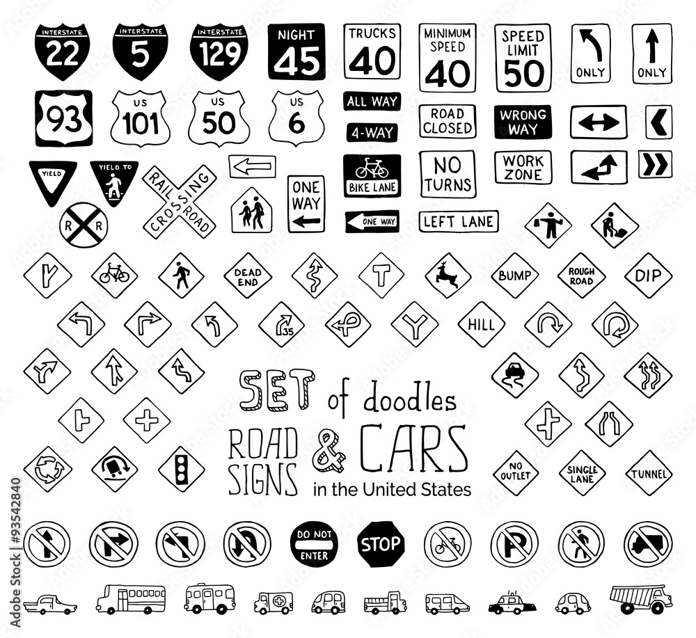 Vector set of doodles road signs in the United States and cars. Stock ...