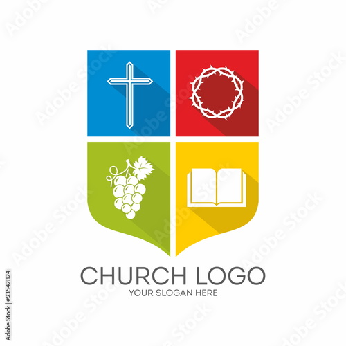 Church logo. Color block, blue, green, red, yellow, cross, grapes, Bible, crown of thorns, shield, icon