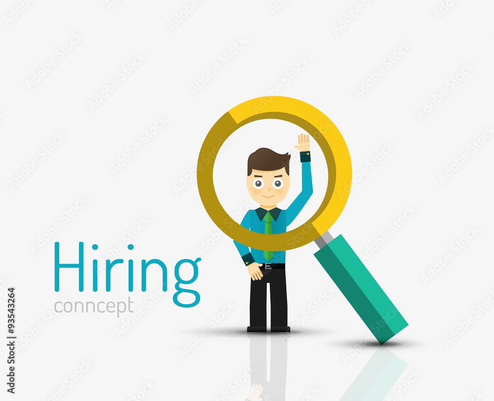 Hiring flat design concept. Man and magnifying glass Hiring flat design concept. Man and magnifying glass