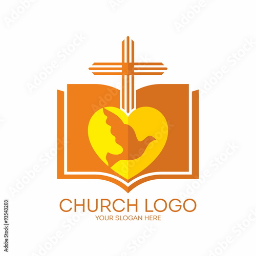 Church logo. Bible, cross, heart, dove, icon, orange, yellow