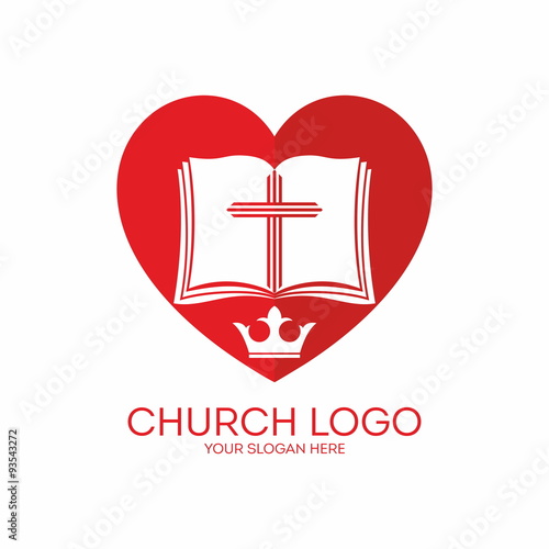 Church logo. Heart, red, white, Bible, love, crown, pages, cross