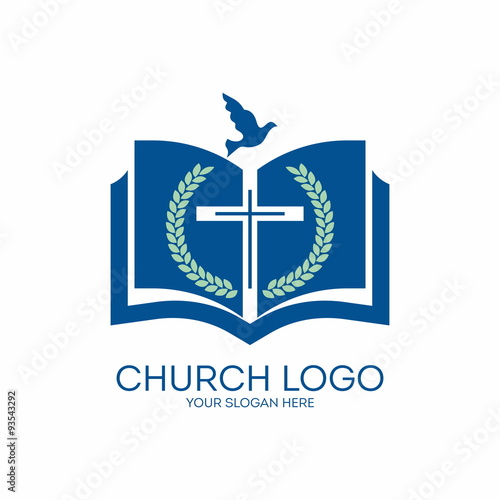 Church logo. Fig, cross, Bible,, pages, dove, icon, blue