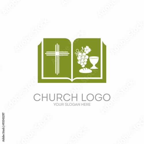 Church logo. Bible, green, cross, communion, grapes, chalice, wine, icon