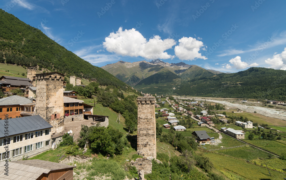 Village and Svan towers in Mestia. Svaneti, Georgia