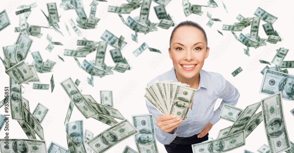 smiling businesswoman with dollar cash money smiling businesswoman with dollar cash money