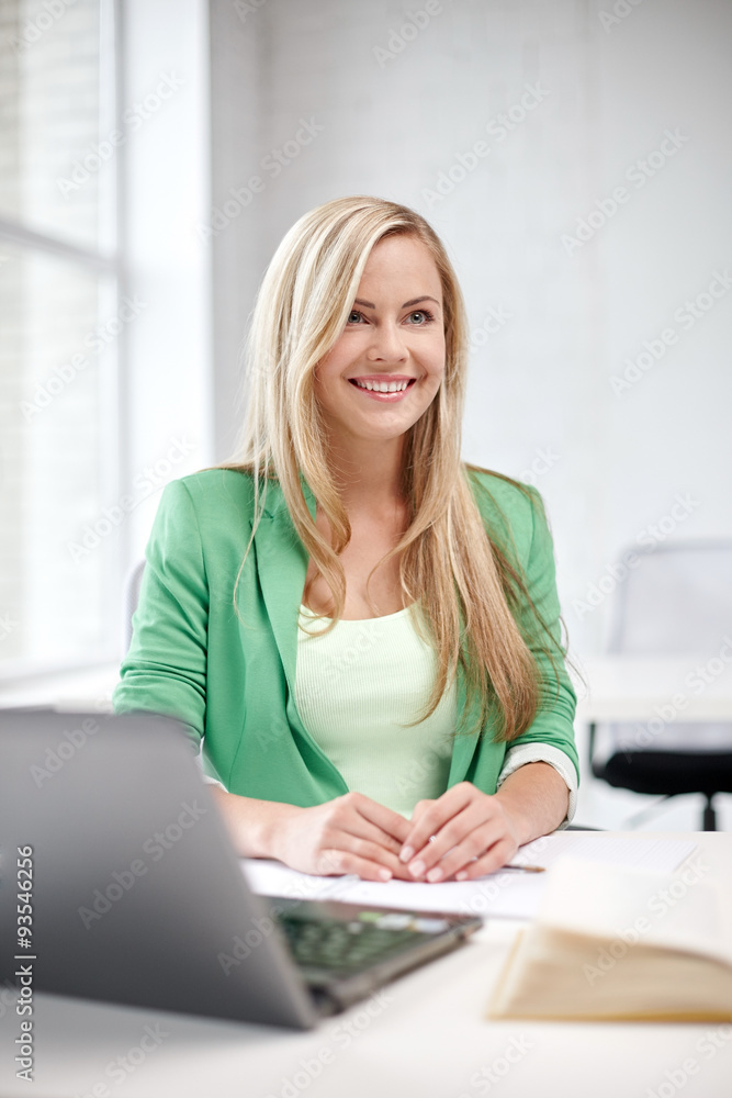 happy student girl with laptop at school happy student girl with laptop at school