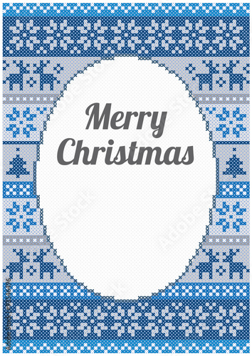 Christmas card design with detailed pattern made from red, white and grey stitches and copy space for a text