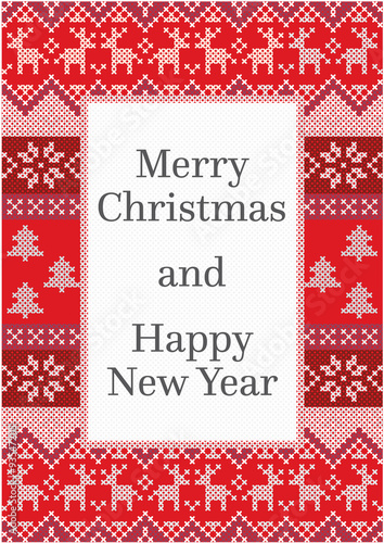 Christmas card design with detailed pattern made from red and white stitches and copy space for a text
