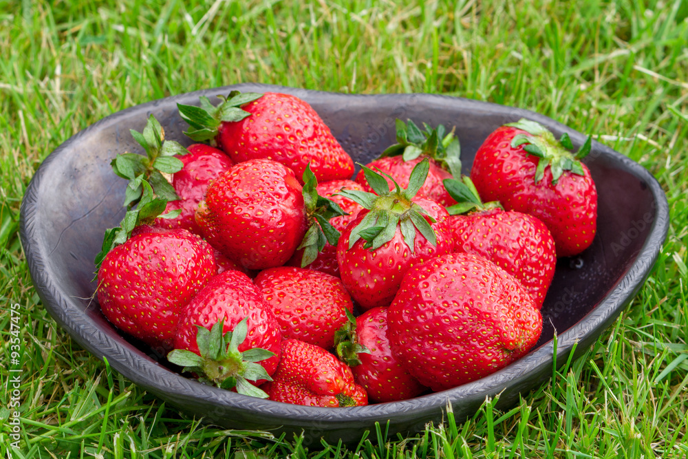 Red strawberry on the black clay plate on green grass background Red strawberry on the black clay plate on green grass background