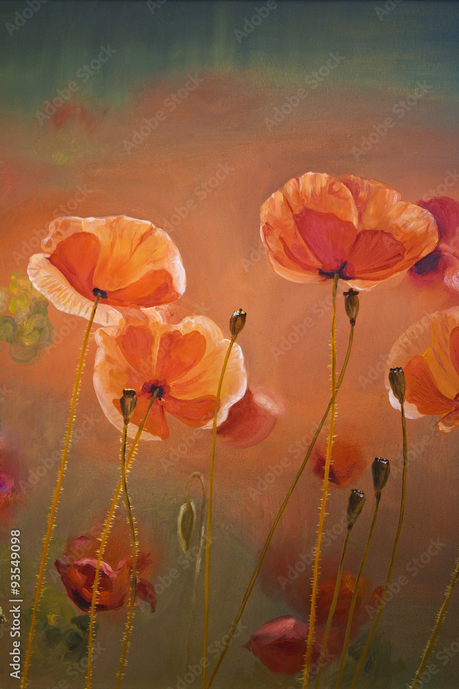 Fototapeta premium Oil painting red poppy flowers. Spring floral nature background