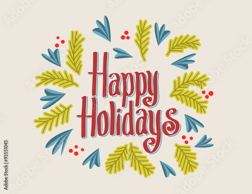 Happy Holidays vintage greeting card with christmas tree branche