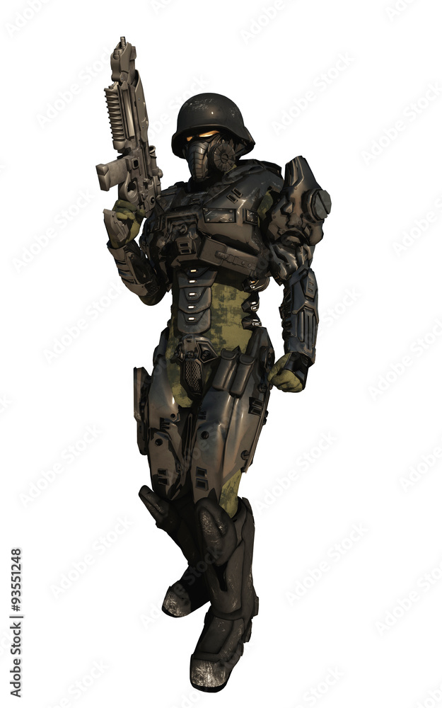 Science fiction illustration of a space marine commando wearing metallic armour isolated on white, 3d digitally rendered illustration Science fiction illustration of a space marine commando wearing metallic armour isolated on white, 3d digitally rendered illustration