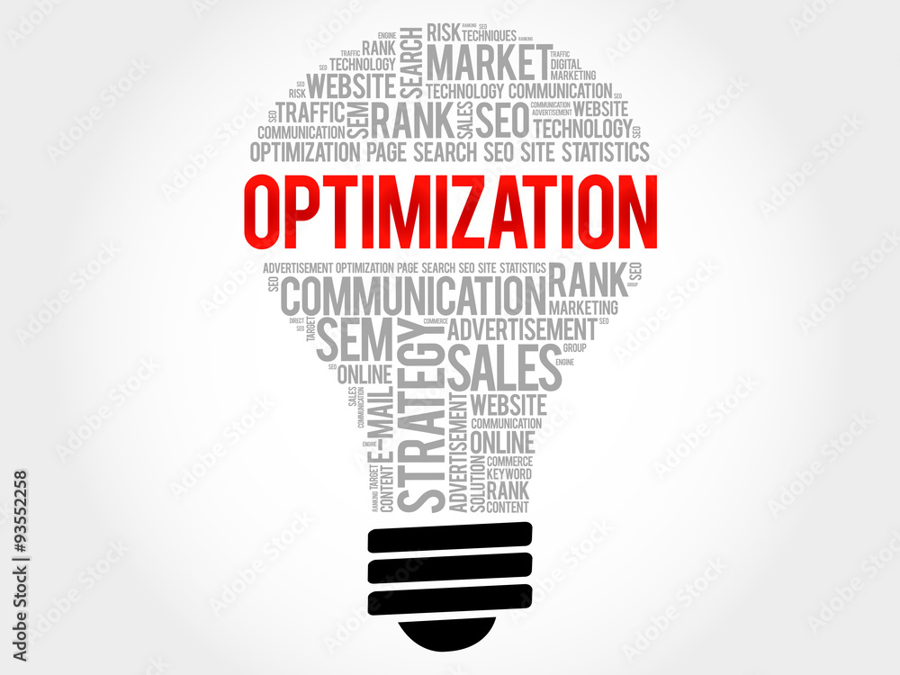 OPTIMIZATION bulb word cloud, business concept OPTIMIZATION bulb word cloud, business concept