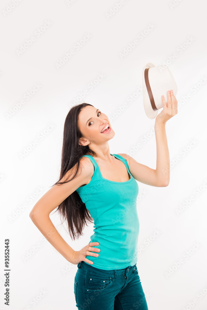 Happy surprised young asian woman smiling with hat Happy surprised young asian woman smiling with hat