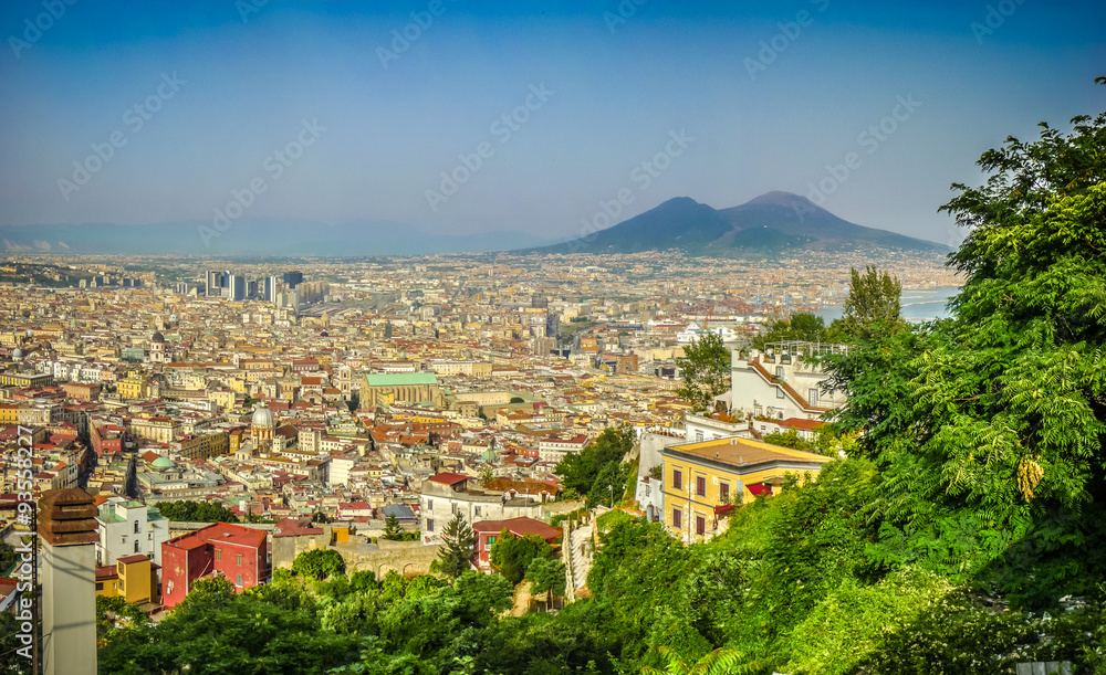 City of Naples with Mt Vesuvius at sunset, Campania, Italy