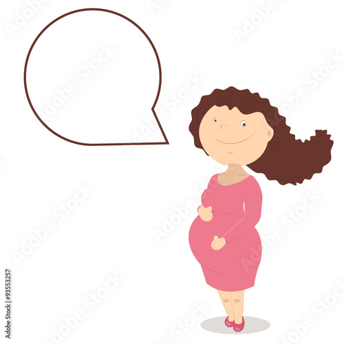pregnant woman (with cloud for text) in the third trimester hugging her belly and smiling 