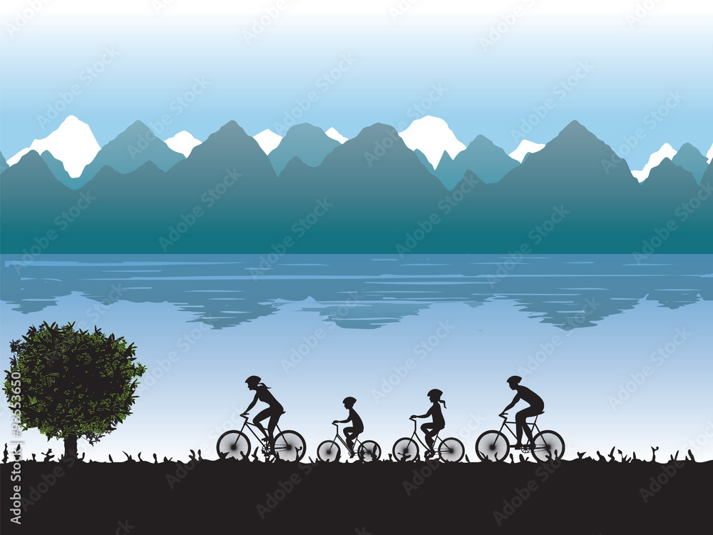 Fototapeta premium Black silhouettes of family on bicycles.