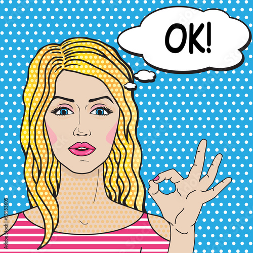 Retro blonde girl says OK pop art comics style. Vector woman show OK gesture.