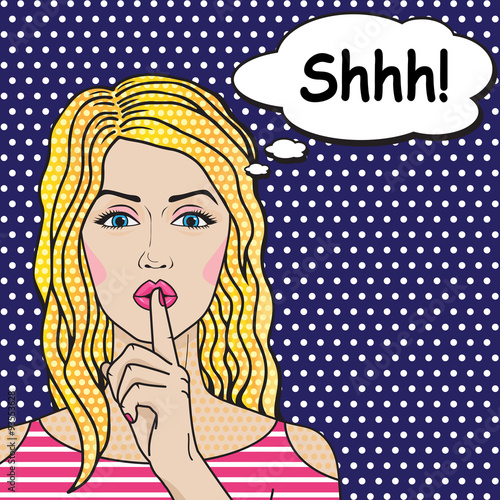 Blonde girl says Shhh pop art comics style, vector retro woman pop art comic style