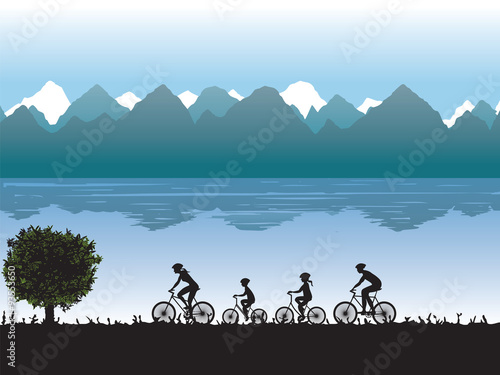 Black silhouettes of family on bicycles.