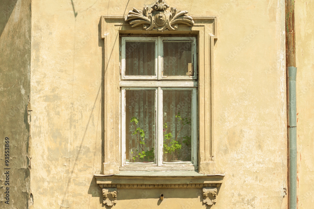 Obraz premium A window in an old house. Authentic wooden window frame. Stucco. Vintage wallpaper