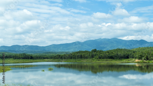 landscape with mountains trees and a river in front