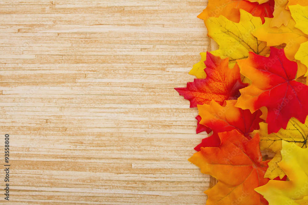 Autumn Leaves and Weather Wood Background Autumn Leaves and Weather Wood Background