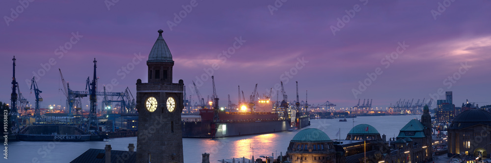 Fototapeta Hamburg, panoramic view of Tower and landing bridges and shipyard