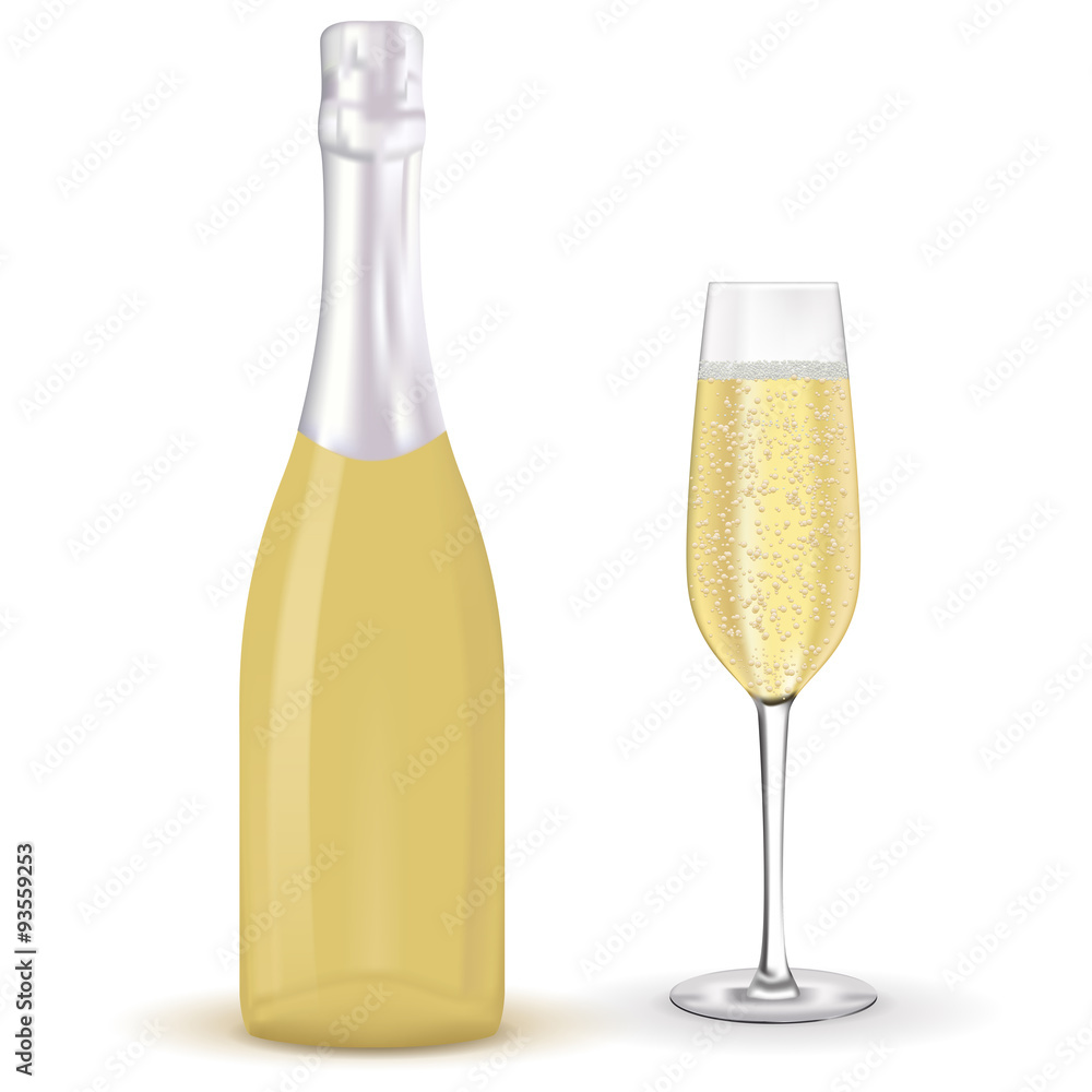 Bottle of champagne and a glass with sparking wine. Bottle of champagne and a glass with sparking wine.