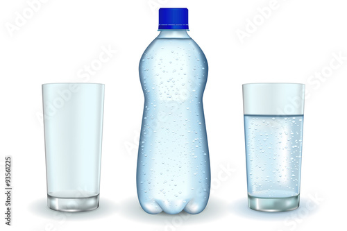 Bottle of sparkling water. Glass of water and empty glass.