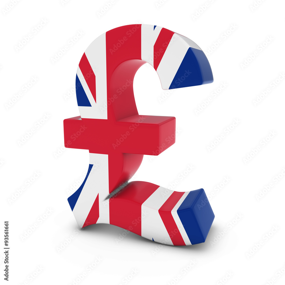 Pound Symbol textured with the United Kingdom Flag Isolated on White Background - obrazy, fototapety, plakaty 