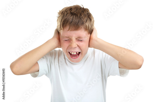 Portrait of emotional little boy on white background