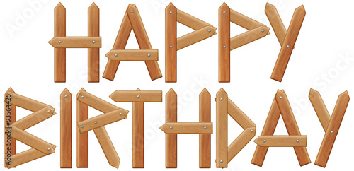 happy birthday inscription made from wooden boards, isolated on white