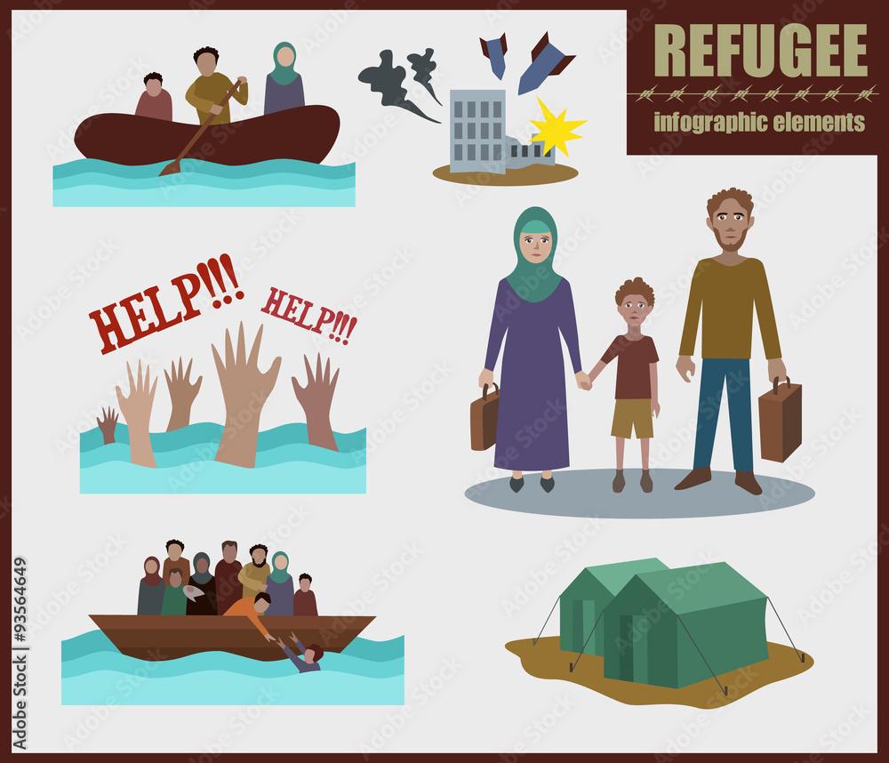 Refugee vector infographic elements. set of flat icons cartoon character  design. . illustration. Fleeing war. Stock Vector | Adobe Stock