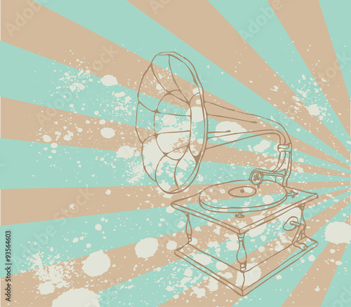 Vintage illustration with music gramophone. Hand drawing. Retro sketch style vector illustration