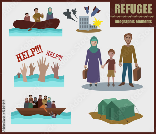 Refugee vector infographic elements. set of flat icons cartoon character design. . illustration. Fleeing war.