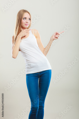 woman casual style pointing copy space text area
