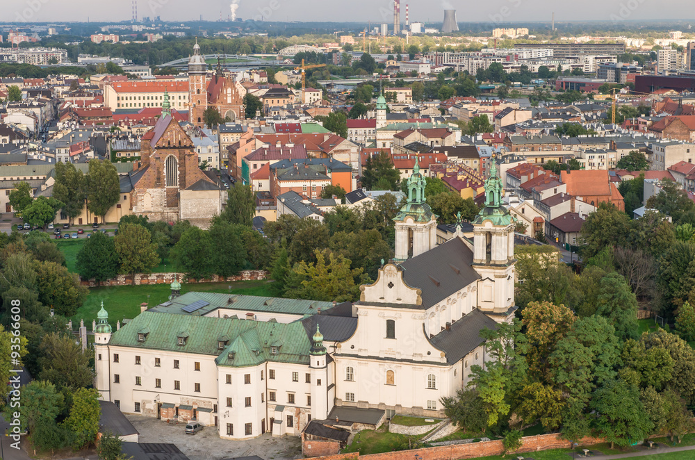 District of Kazimierz with several churches and pauline monastery, Krakow, Poland, aerial view