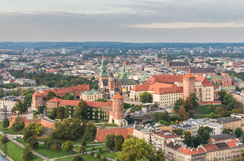 Royal castle on the Wawel hill and Krakow old town - aerial view