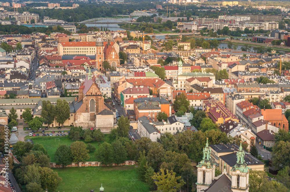 District of Kazimierz with several churches and jewish quarter, Krakow, Poland, aerial view