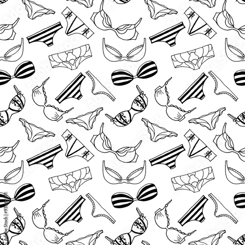 Lingerie seamless pattern. Vector underwear background design. Outline hand drawn illustration. Bras and panties doodle