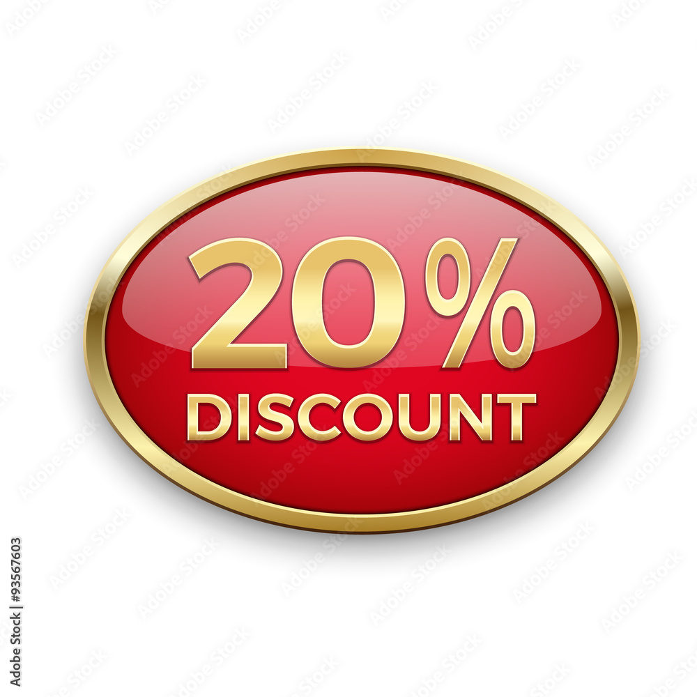 Red discount button in golden frame Red discount button in golden frame