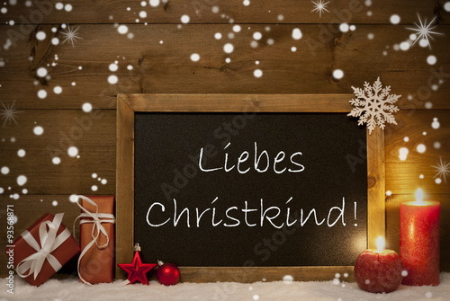 Christmas Card, Blackboard, Snowflakes, Christkind Mean Santa 