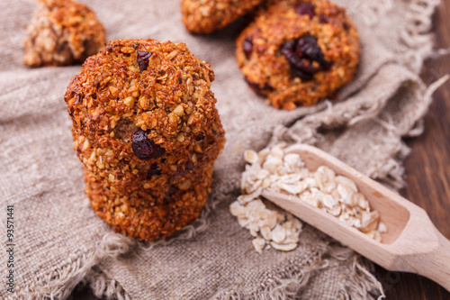 Oatmeal liver with hazelnuts and dried cranberries.selective focus photo