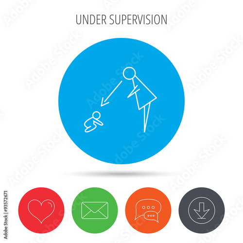 Under nanny supervision icon. Babysitting sign.
