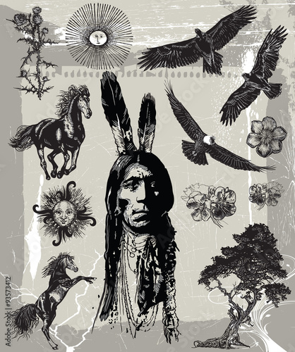 Indian Warrior, Sitting Bull portrait - Freehand sketch, vector