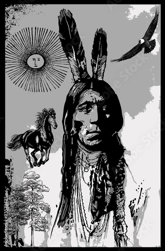 Indian Warrior, Sitting Bull portrait - Freehand sketch, vector