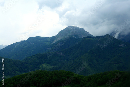 Mountain landscape in the mist on the horizon