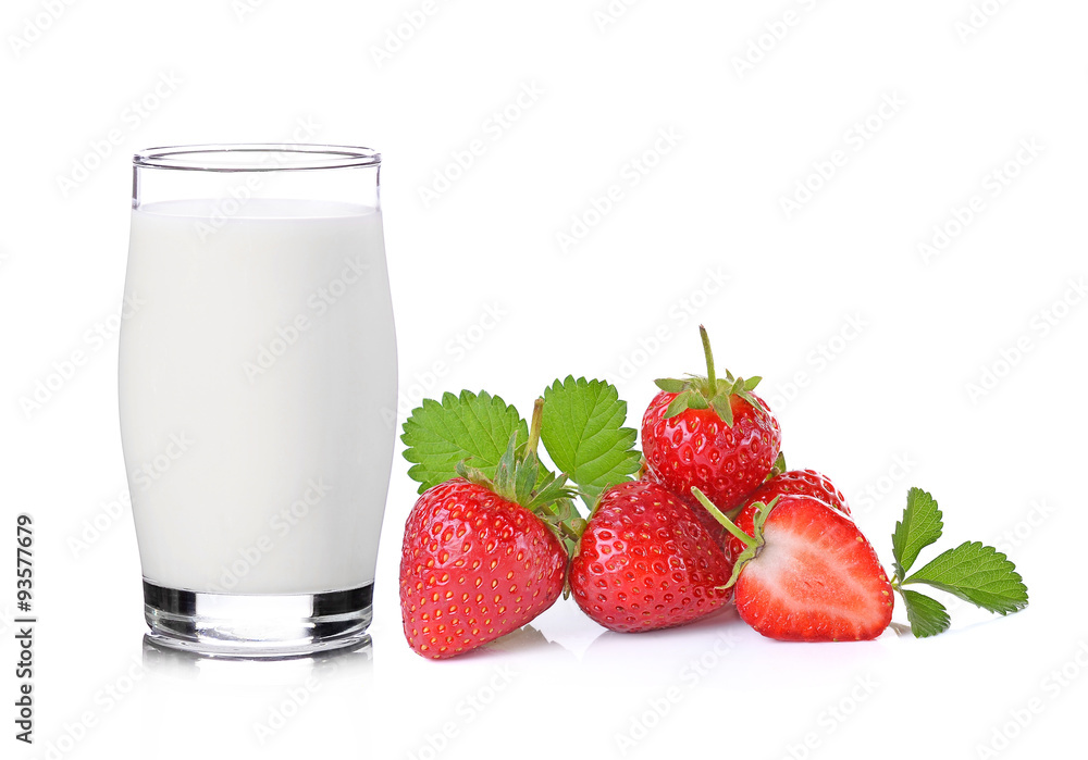 glass of milk and strawberry on white background glass of milk and strawberry on white background