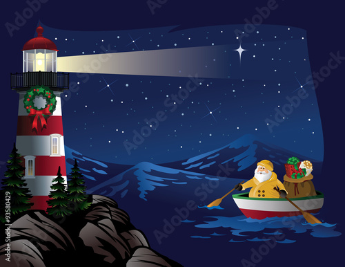 Santa rowing boat to lighthouse